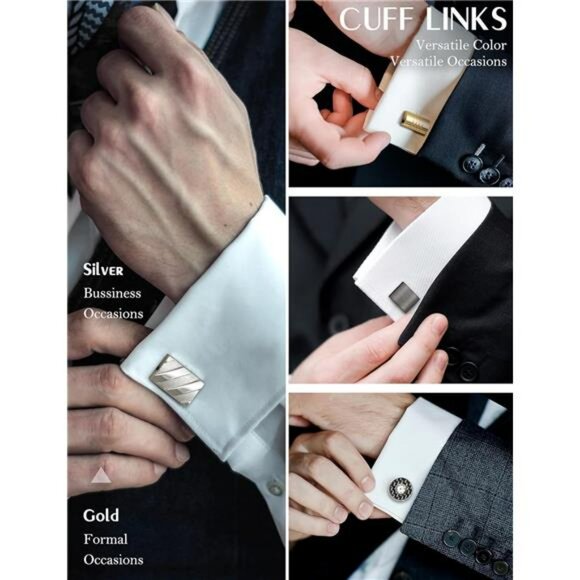 Men's tie clip and cufflink set silver gold black formal tuxedo shirt gift box - Picture 5 of 7